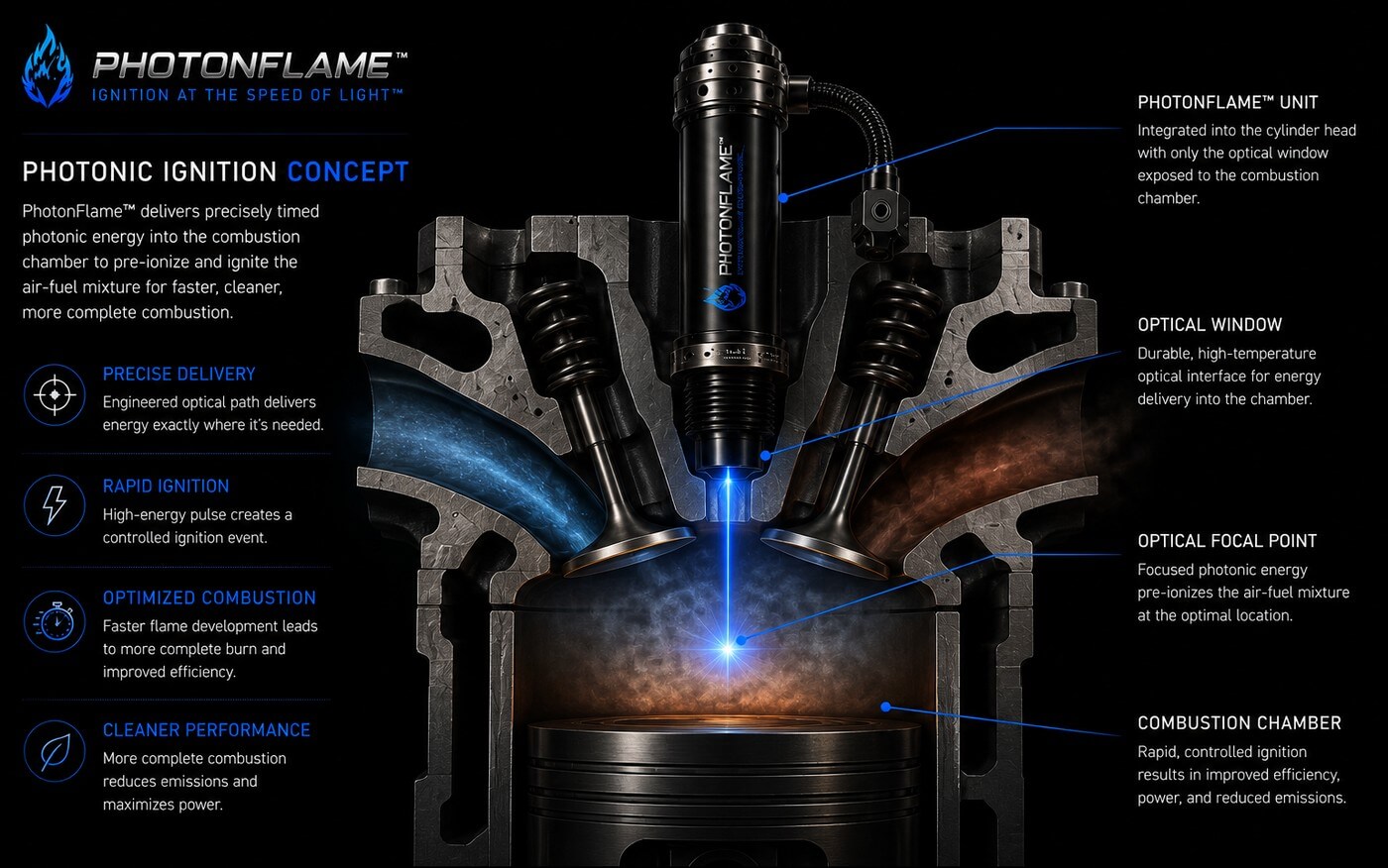 Cutaway diagram of a PHOTONFLAME unit installed in a cylinder head, showing the optical window, optical focal point, and combustion chamber where the beam ignites the air-fuel mixture