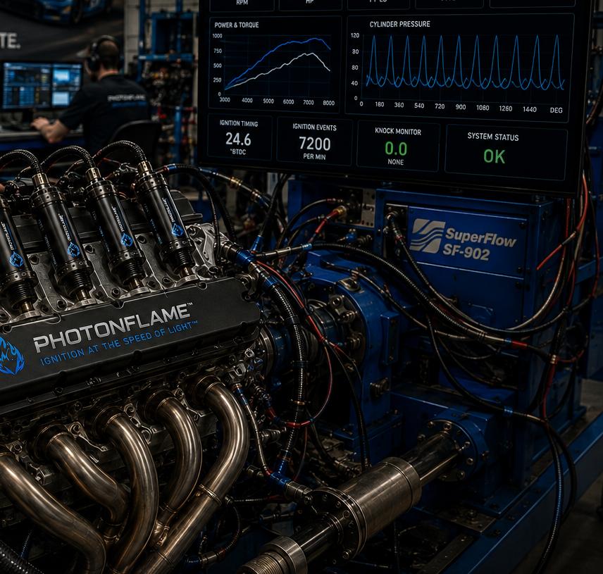 PHOTONFLAME ignition units mounted on an engine dyno test bench, with a live engine development dashboard showing engine speed, power, torque, and ignition timing