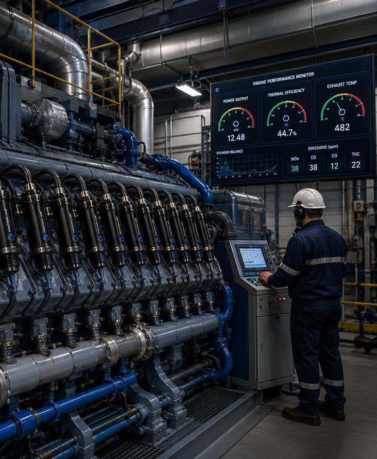 PHOTONFLAME photonic ignition units installed in a large-bore industrial natural-gas engine, with a technician monitoring power output, thermal efficiency, and emissions on a display