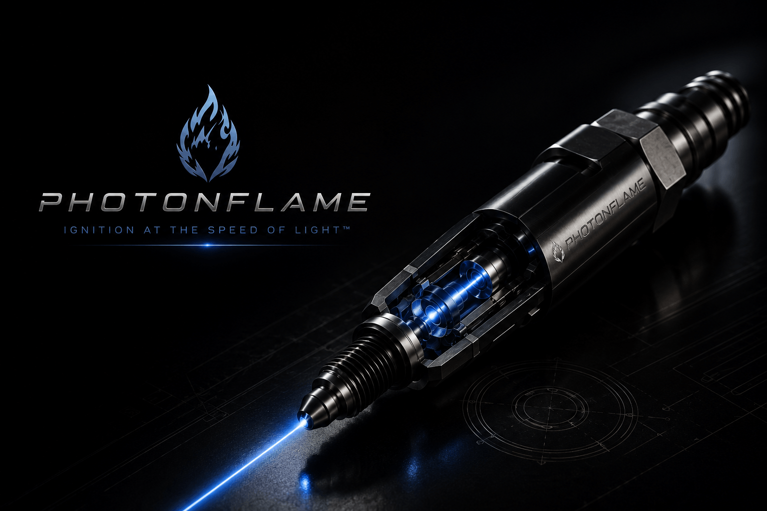 PHOTONFLAME photonic ignition unit, a spark-plug-compatible module with an internal laser beam path shown in cutaway, next to the PHOTONFLAME logo