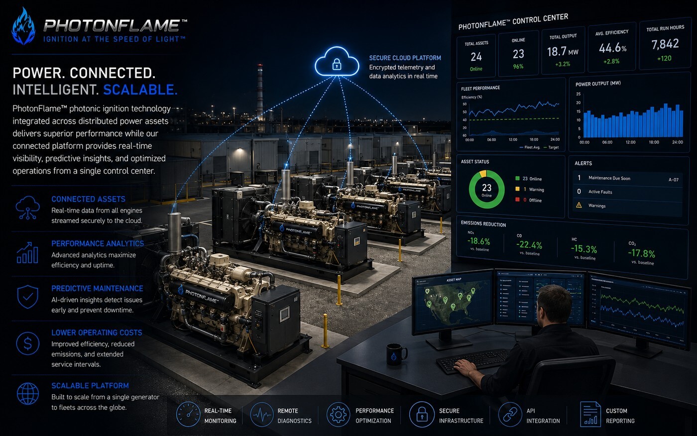 Concept fleet-monitoring dashboard for PHOTONFLAME-equipped assets, showing total output, average efficiency, run hours, and per-asset status across a connected fleet