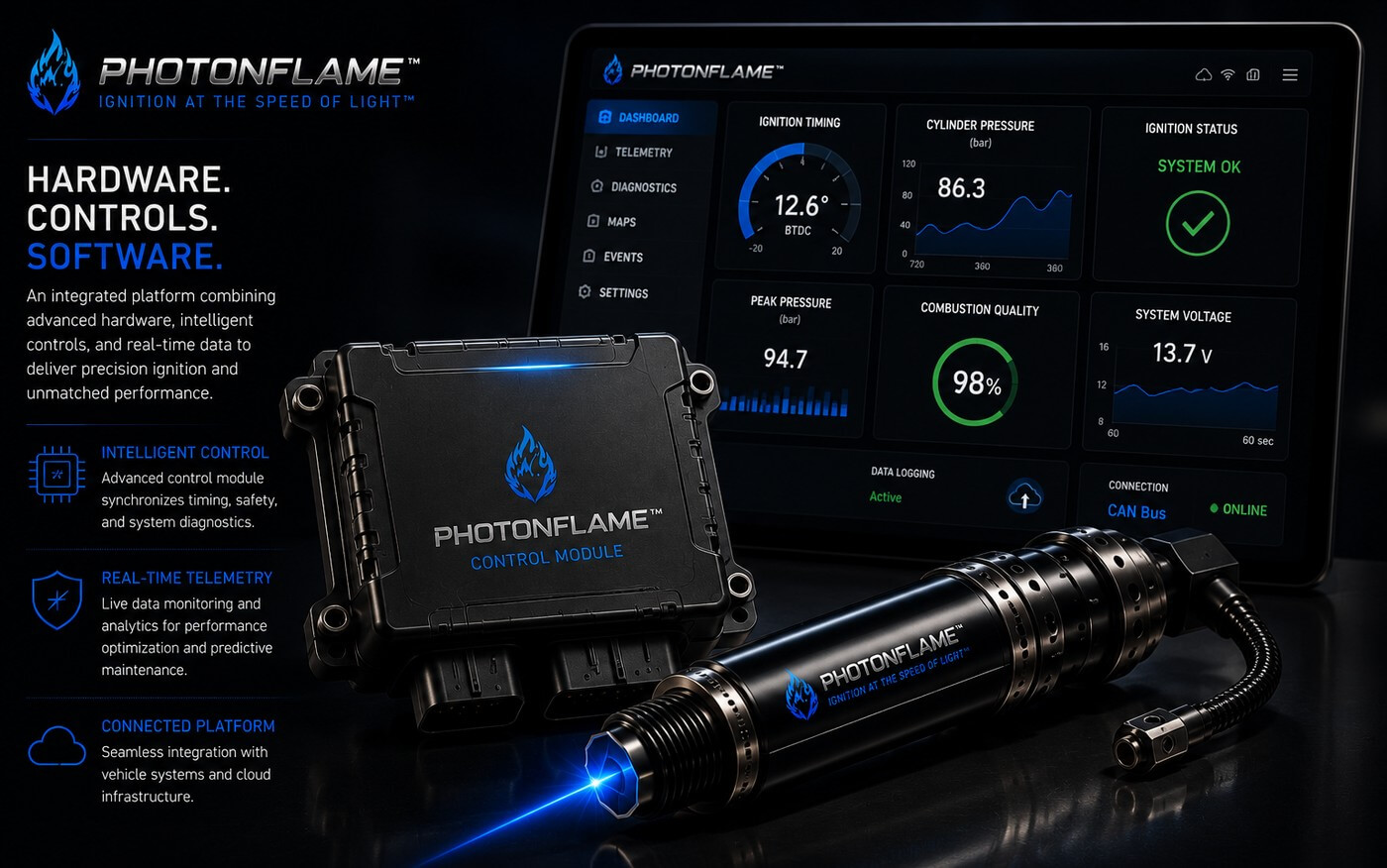 Concept dashboard for PHOTONFLAME's control software, showing ignition timing, cylinder pressure, ignition status, peak pressure, combustion quality, and CAN bus connection status